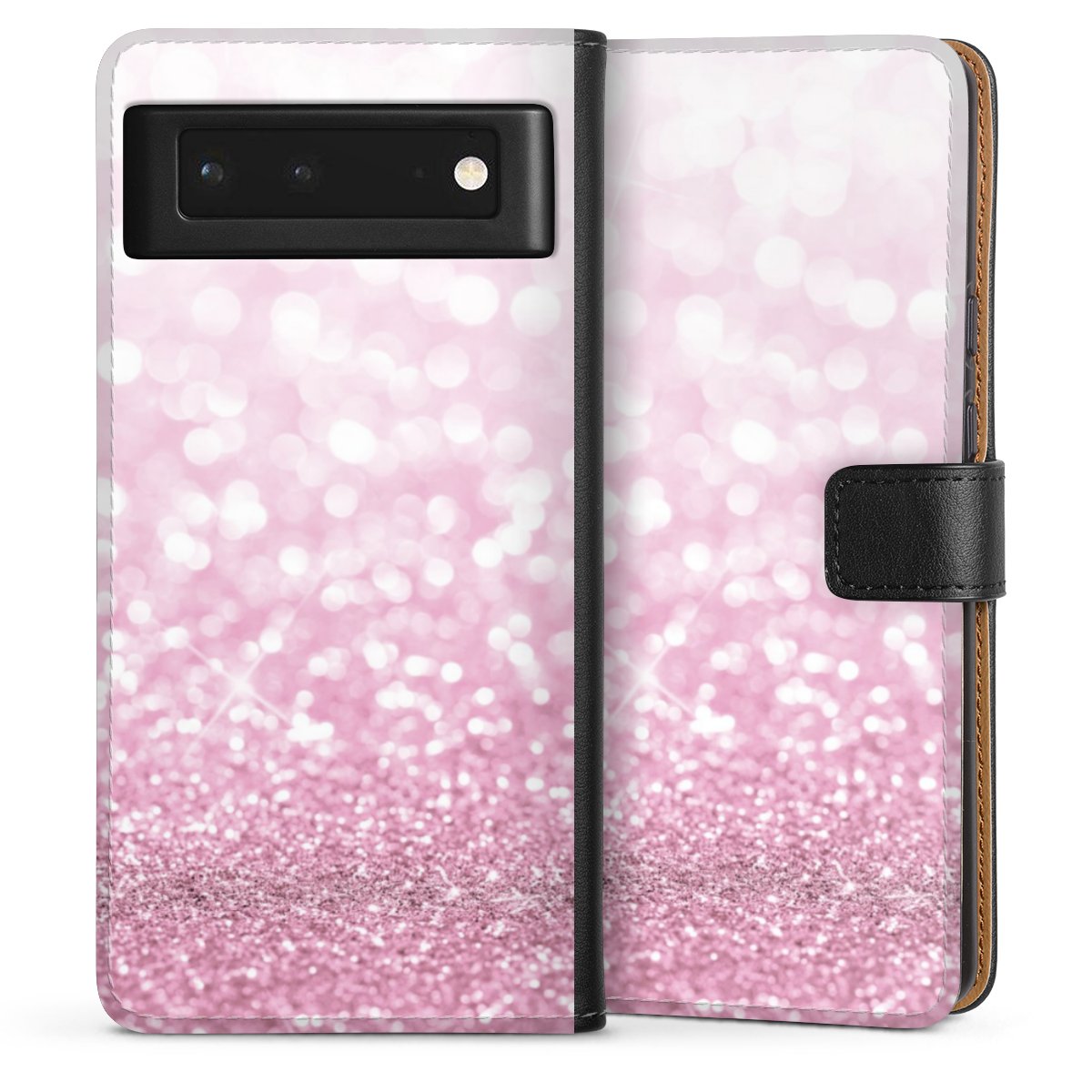 Google Pixel 6 Handy Klapphülle Handyhülle aus Kunst Leder schwarz Flip Case Glitzer Pink Shine Sideflip mit Lasche