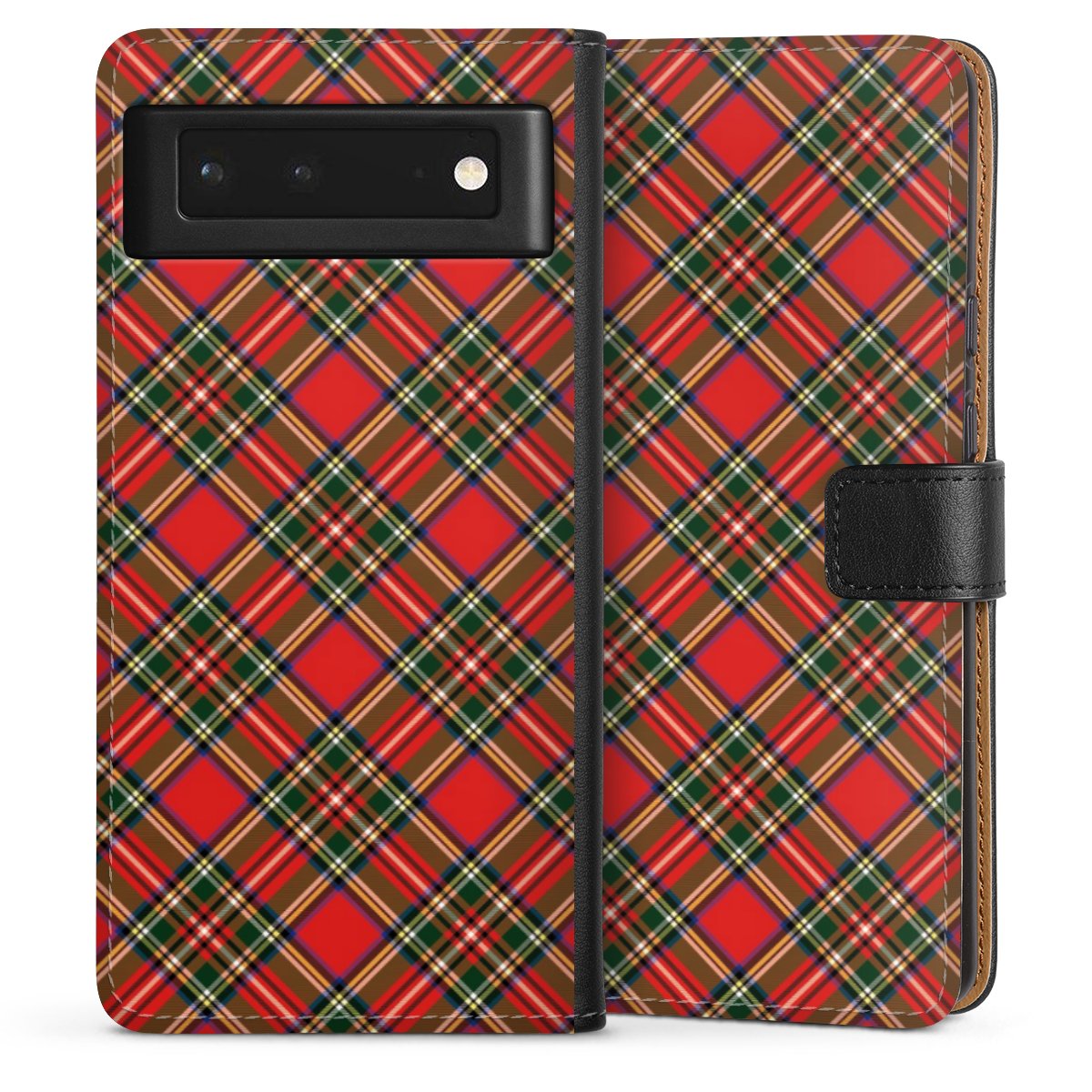 Google Pixel 6 Handy Klapphülle Handyhülle aus Kunst Leder schwarz Flip Case Scotland Scotsman Muster Sideflip mit Lasche