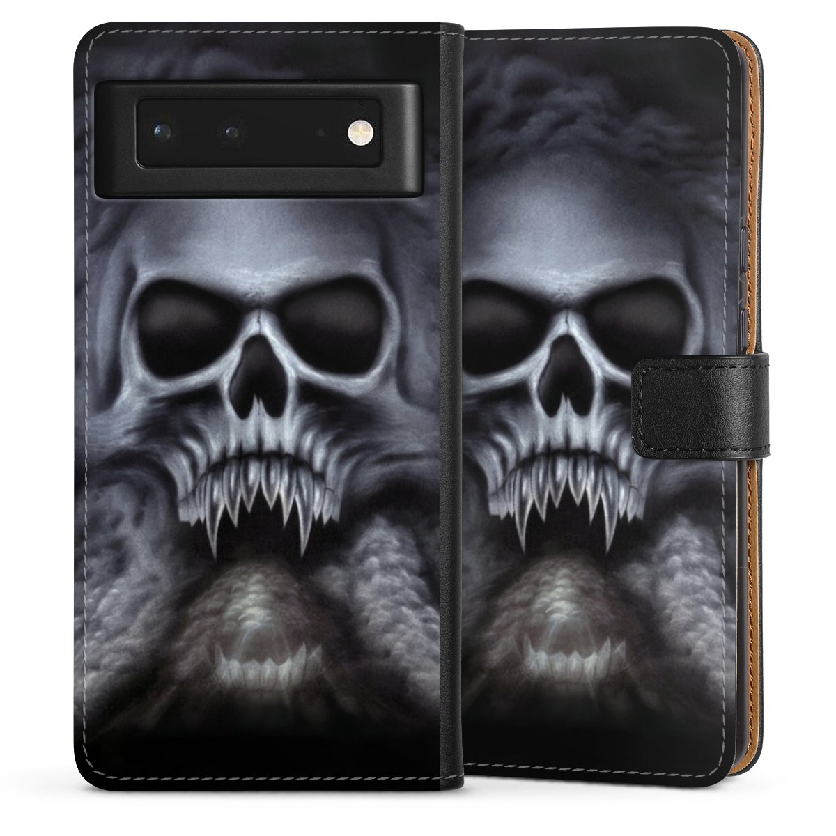 Google Pixel 6 Handy Klapphülle Handyhülle aus Kunst Leder schwarz Flip Case Totenkopf Skull Sideflip mit Lasche