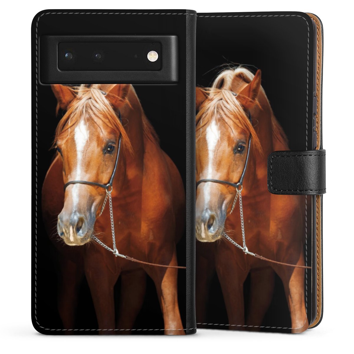 Google Pixel 6 Handy Klapphülle Handyhülle aus Kunst Leder schwarz Flip Case Mare Horse Hobby Sideflip mit Lasche