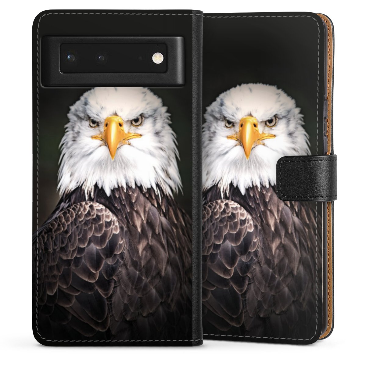 Google Pixel 6 Handy Klapphülle Handyhülle aus Kunst Leder schwarz Flip Case Eagle Bird Sideflip mit Lasche