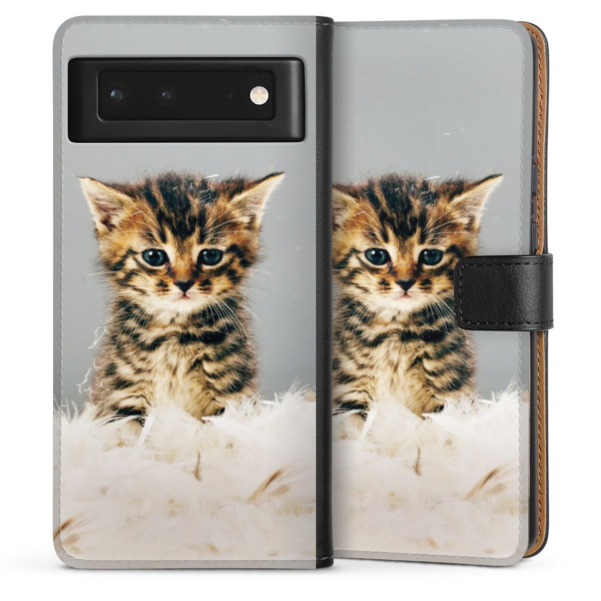 Google Pixel 6 Handy Klapphülle Handyhülle aus Kunst Leder schwarz Flip Case Cat Feather Pet Sideflip mit Lasche