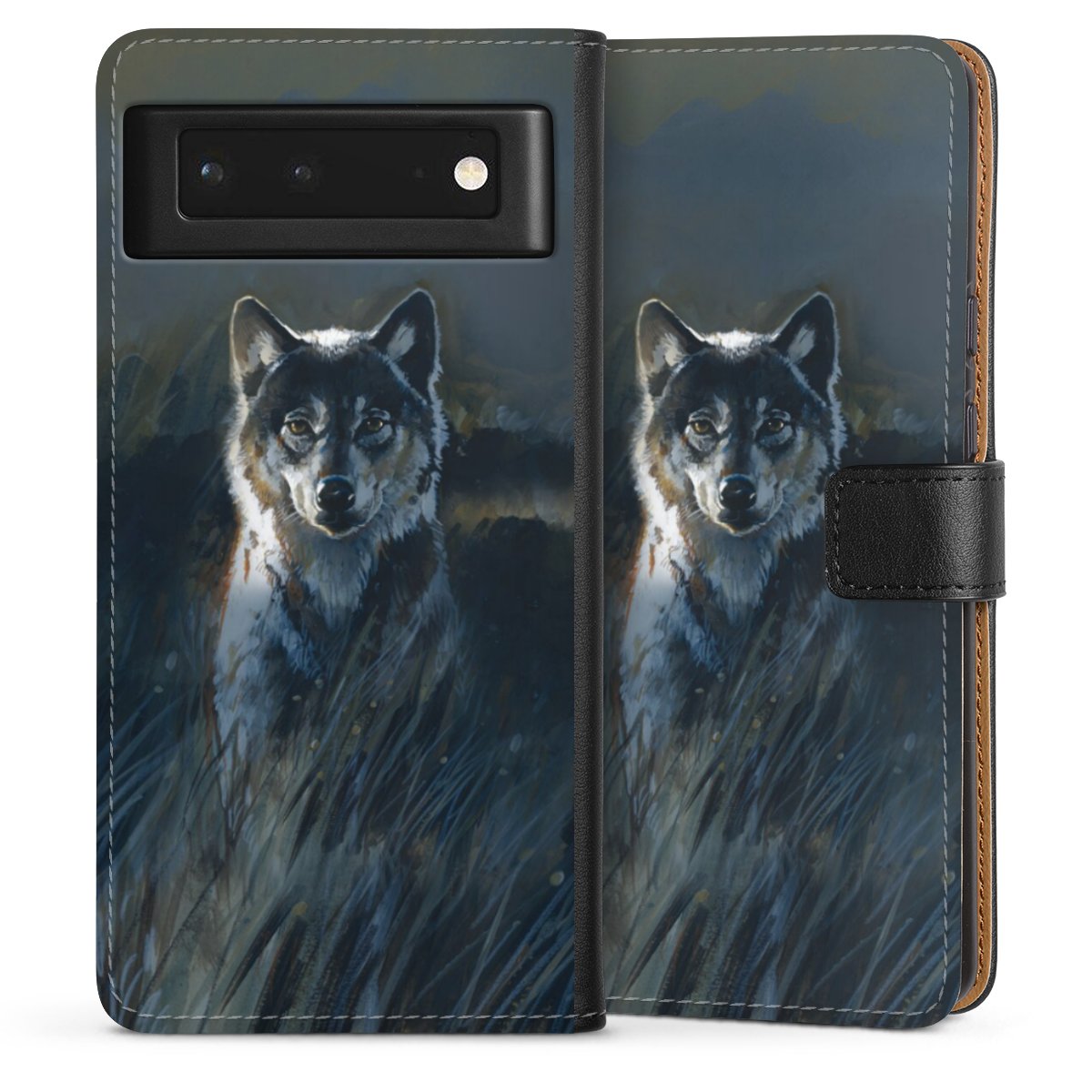 Google Pixel 6 Handy Klapphülle Handyhülle aus Kunst Leder schwarz Flip Case Nature Wolf Painting Sideflip mit Lasche