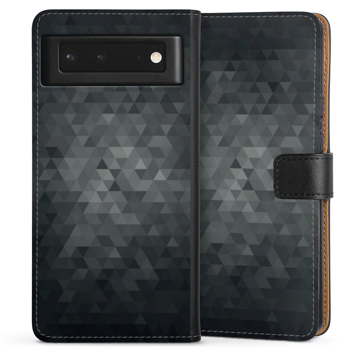 Google Pixel 6 Handy Klapphülle Handyhülle aus Kunst Leder schwarz Flip Case Black Triangle Muster Sideflip mit Lasche