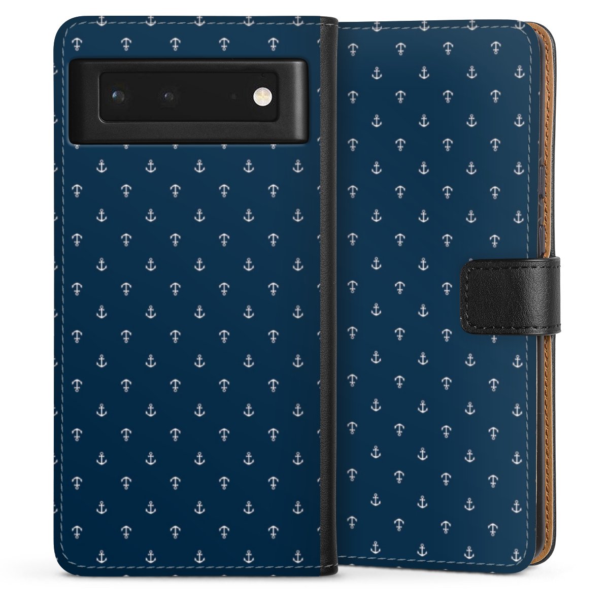 Google Pixel 6 Handy Klapphülle Handyhülle aus Kunst Leder schwarz Flip Case Muster Anchor Sail Sideflip mit Lasche