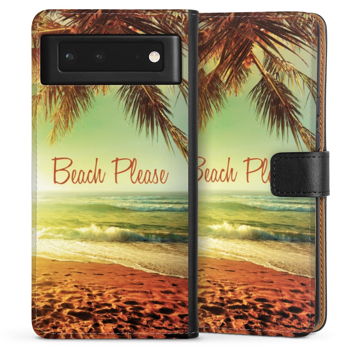 Google Pixel 6 Handy Klapphülle Handyhülle aus Kunst Leder schwarz Flip Case Beach Urlaub Palm Tree Sideflip mit Lasche