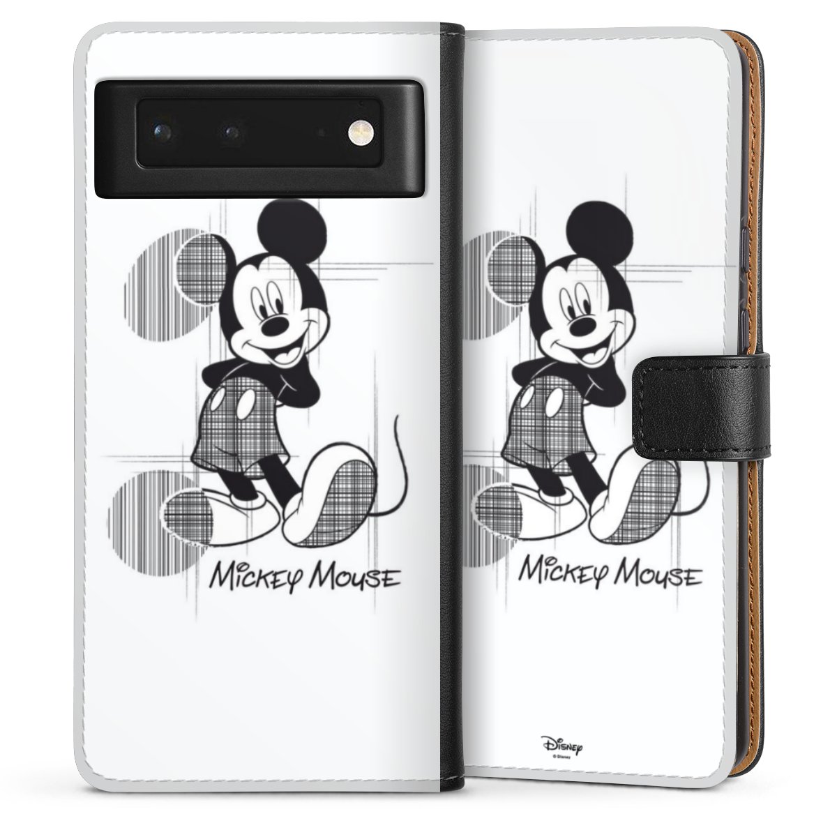 Google Pixel 6 Handy Klapphülle Handyhülle aus Kunst Leder schwarz Flip Case Disney Official Licensed Product Mickey Mouse Sideflip mit Lasche