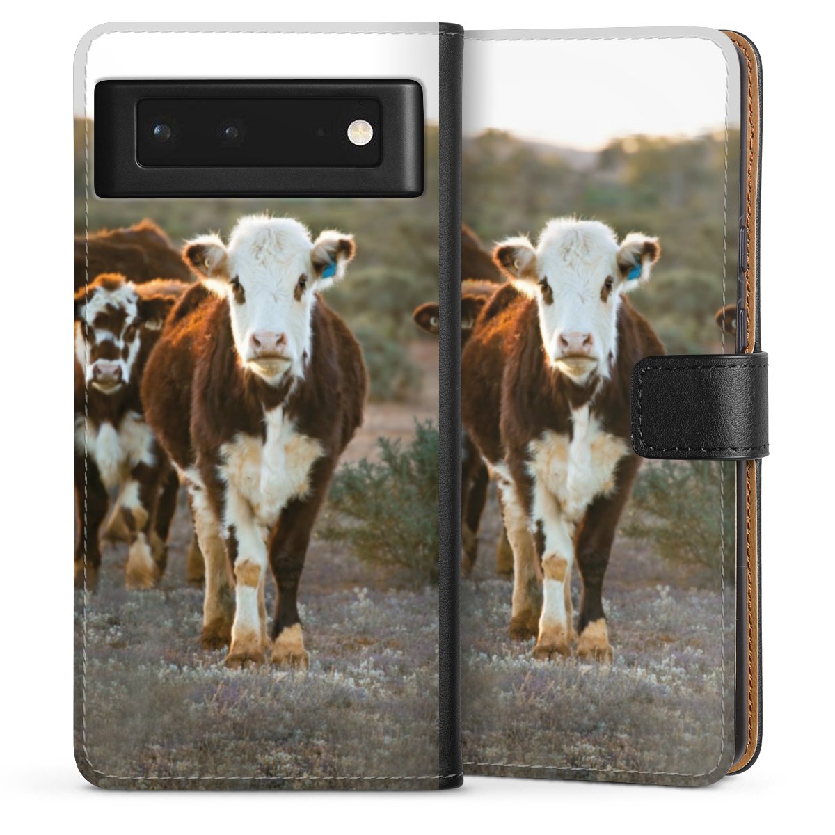 Google Pixel 6 Handy Klapphülle Handyhülle aus Kunst Leder schwarz Flip Case Cow Farmer Calf Sideflip mit Lasche