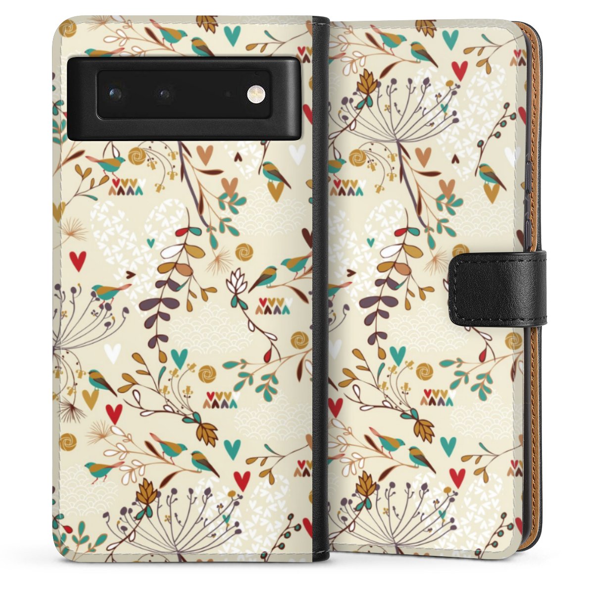 Google Pixel 6 Handy Klapphülle Handyhülle aus Kunst Leder schwarz Flip Case Bird Flowers Retro Sideflip mit Lasche