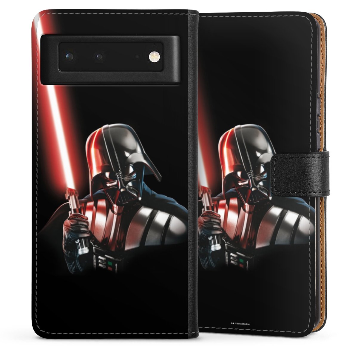 Google Pixel 6 Handy Klapphülle Handyhülle aus Kunst Leder schwarz Flip Case Star Wars Merchandise Darth Vader Sideflip mit Lasche