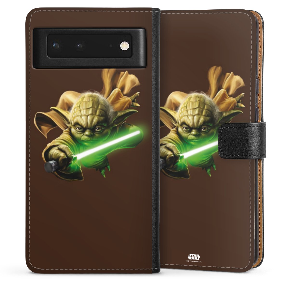 Google Pixel 6 Handy Klapphülle Handyhülle aus Kunst Leder schwarz Flip Case Yoda Merchandise Star Wars Sideflip mit Lasche