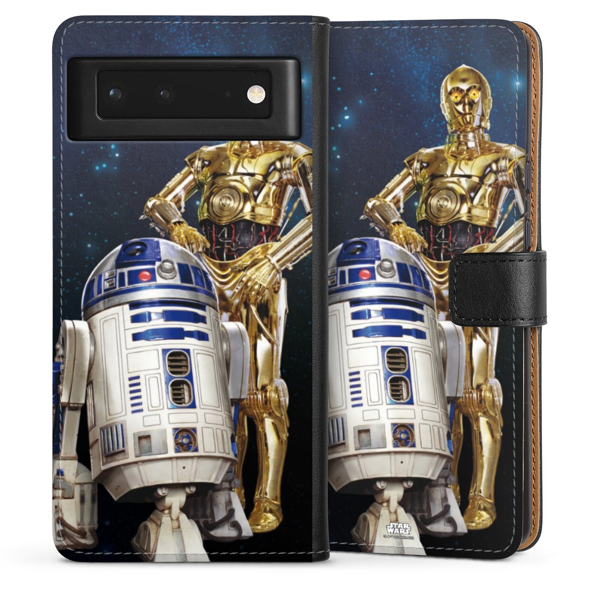 Google Pixel 6 Handy Klapphülle Handyhülle aus Kunst Leder schwarz Flip Case Weltall Star Wars R2d2 Sideflip mit Lasche