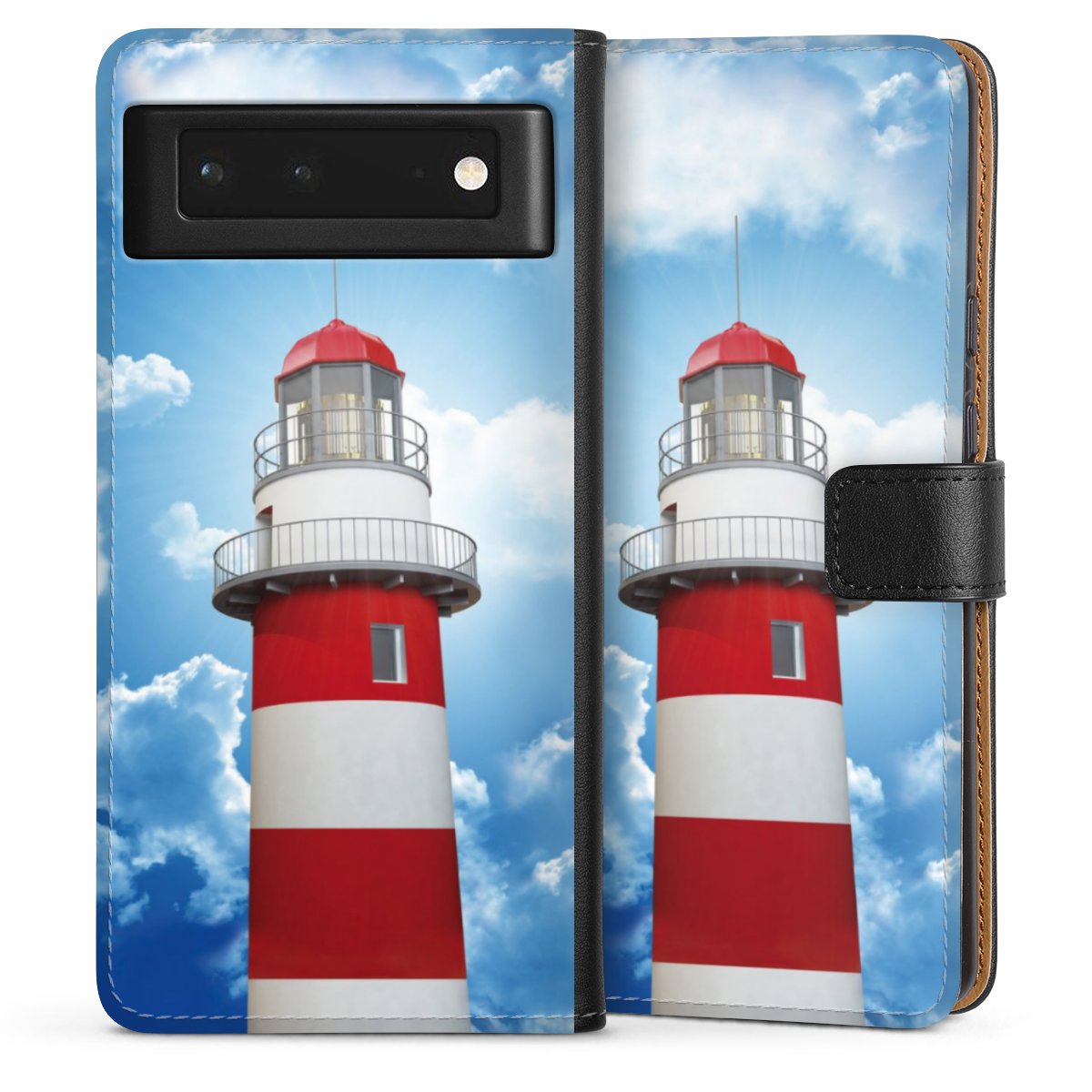 Google Pixel 6 Handy Klapphülle Handyhülle aus Kunst Leder schwarz Flip Case Lighthouse Sky Cloud Sideflip mit Lasche