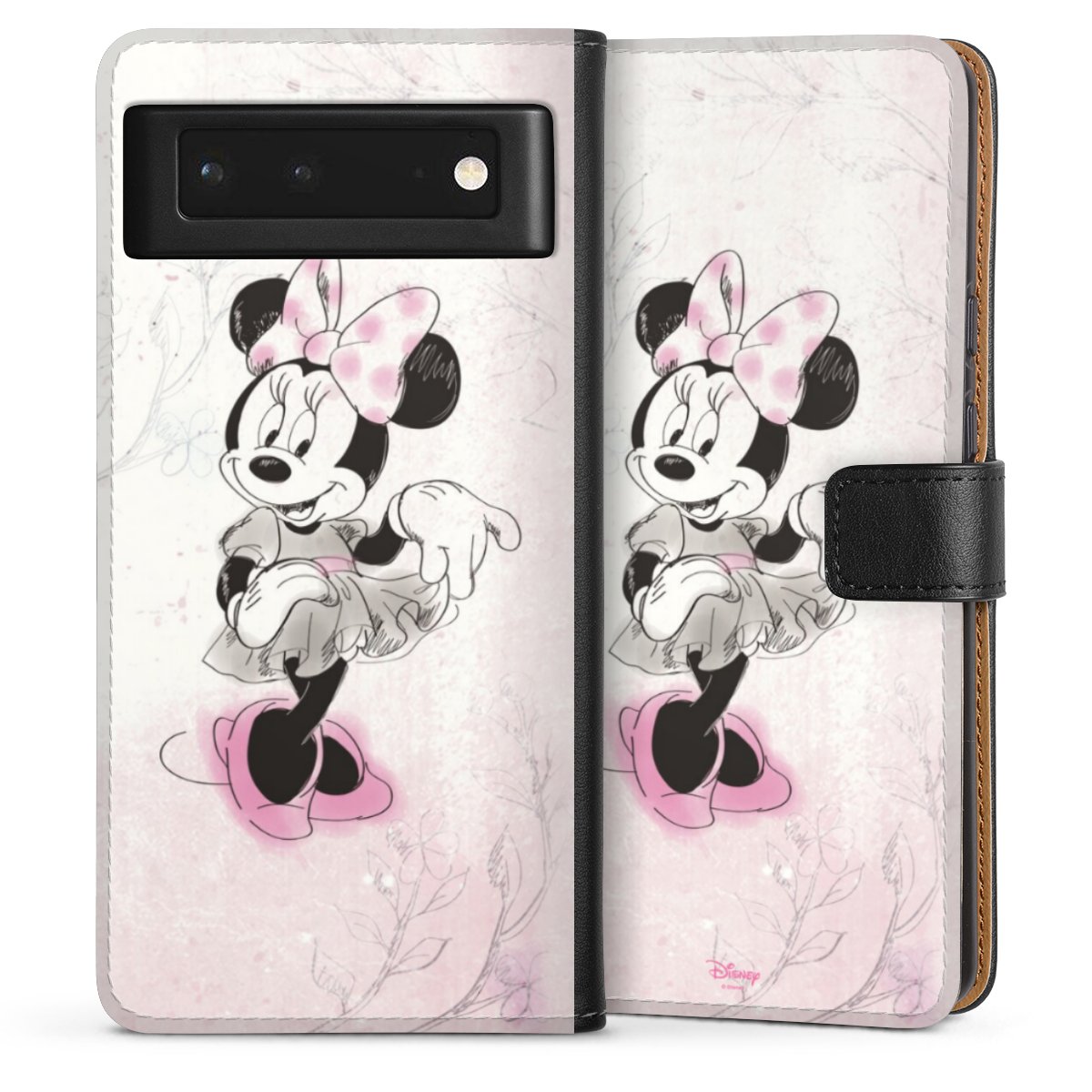 Google Pixel 6 Handy Klapphülle Handyhülle aus Kunst Leder schwarz Flip Case Disney Minnie Mouse Vintage Sideflip mit Lasche