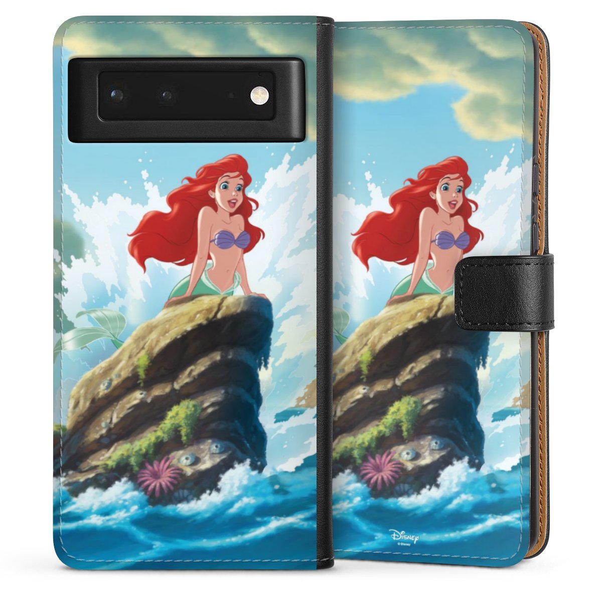 Google Pixel 6 Handy Klapphülle Handyhülle aus Kunst Leder schwarz Flip Case Mermaid Arielle Die Meerjungfrau Official Licensed Product Sideflip mit Lasche