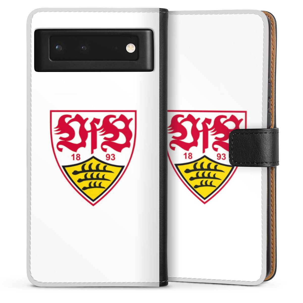 Google Pixel 6 Handy Klapphülle Handyhülle aus Kunst Leder schwarz Flip Case Logo Official Licensed Product Vfb Stuttgart Sideflip mit Lasche