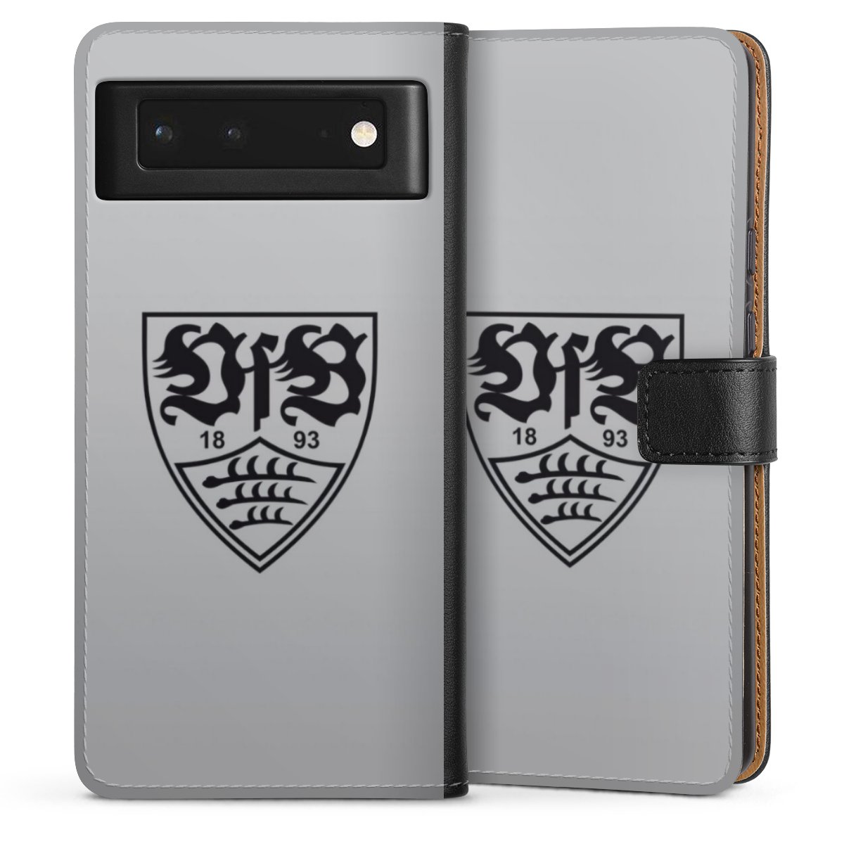 Google Pixel 6 Handy Klapphülle Handyhülle aus Kunst Leder schwarz Flip Case Logo Vfb Stuttgart Official Licensed Product Sideflip mit Lasche