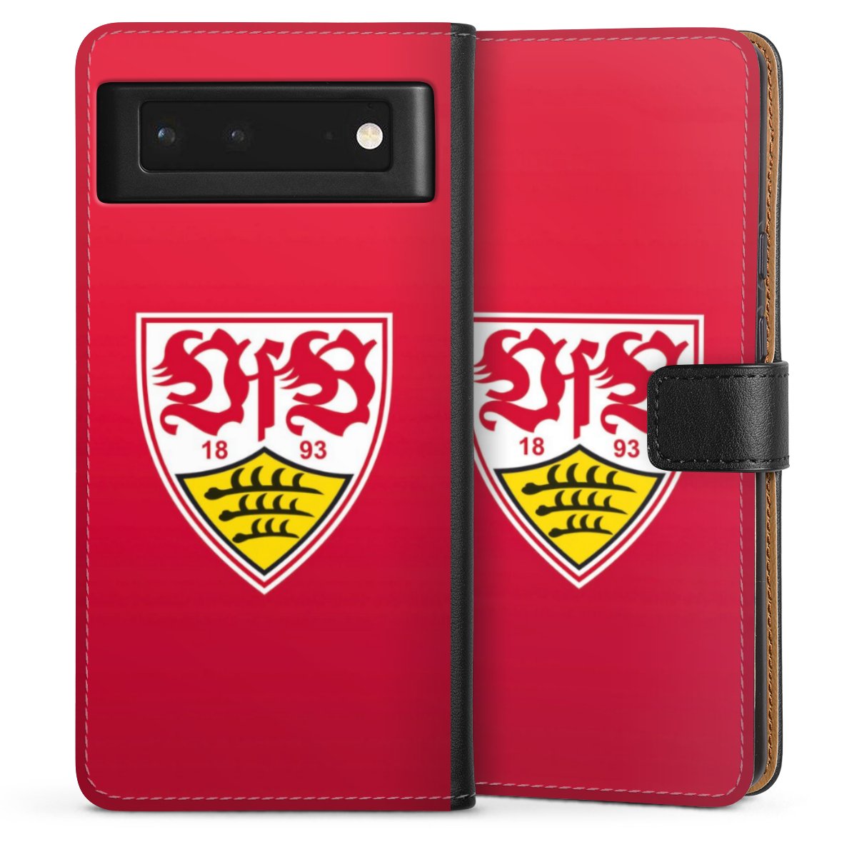 Google Pixel 6 Handy Klapphülle Handyhülle aus Kunst Leder schwarz Flip Case Official Licensed Product Vfb Stuttgart Sideflip mit Lasche