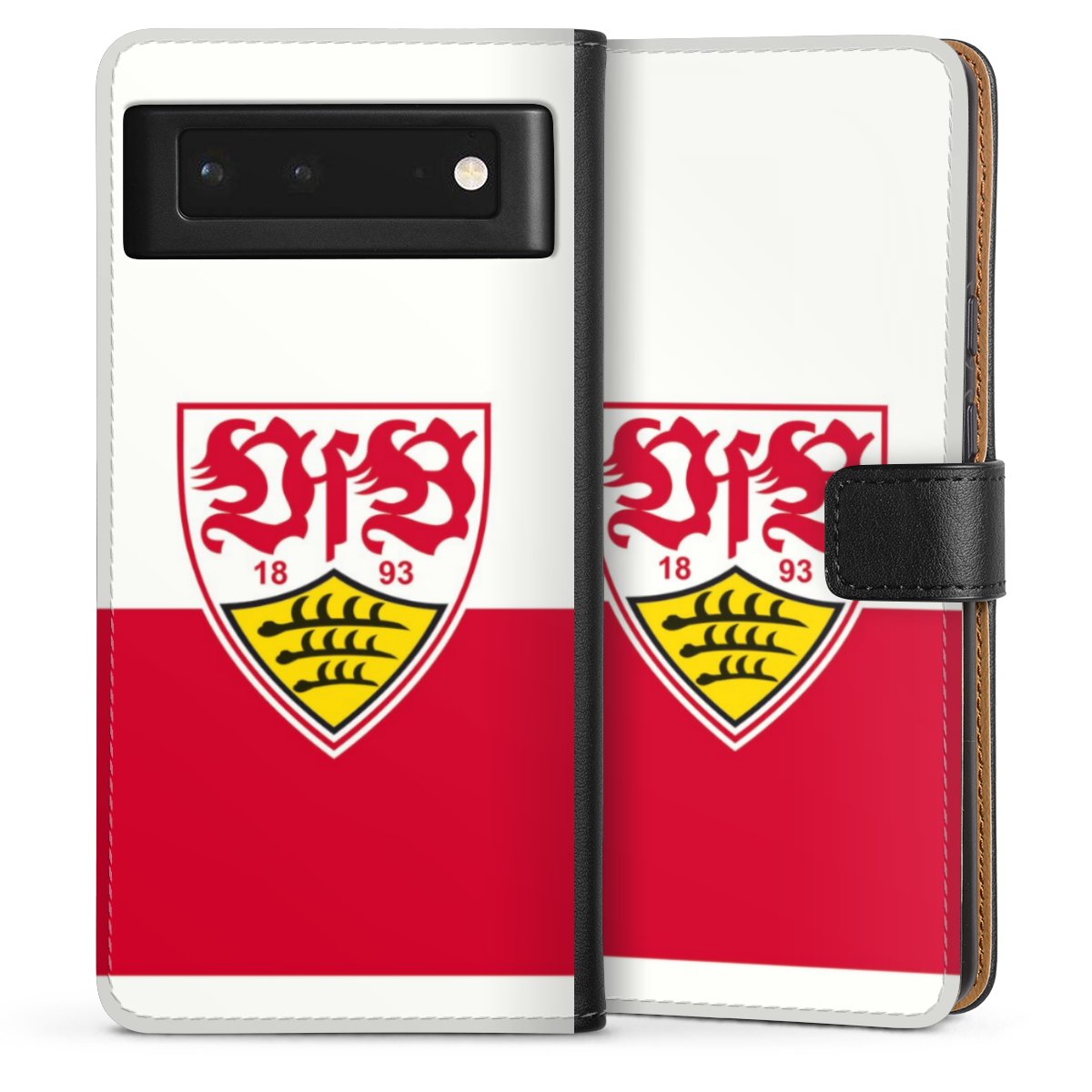 Google Pixel 6 Handy Klapphülle Handyhülle aus Kunst Leder schwarz Flip Case Official Licensed Product Logo Vfb Stuttgart Sideflip mit Lasche