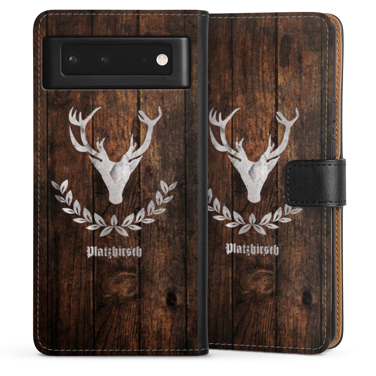 Google Pixel 6 Handy Klapphülle Handyhülle aus Kunst Leder schwarz Flip Case Deer Wood Wooden Look Sideflip mit Lasche