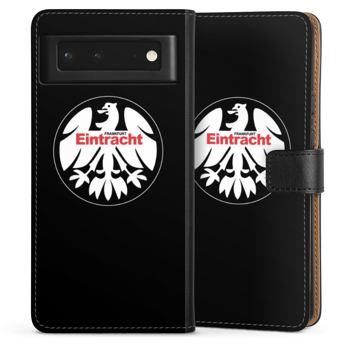 Google Pixel 6 Handy Klapphülle Handyhülle aus Kunst Leder schwarz Flip Case Official Licensed Product Eintracht Frankfurt Sge Sideflip mit Lasche