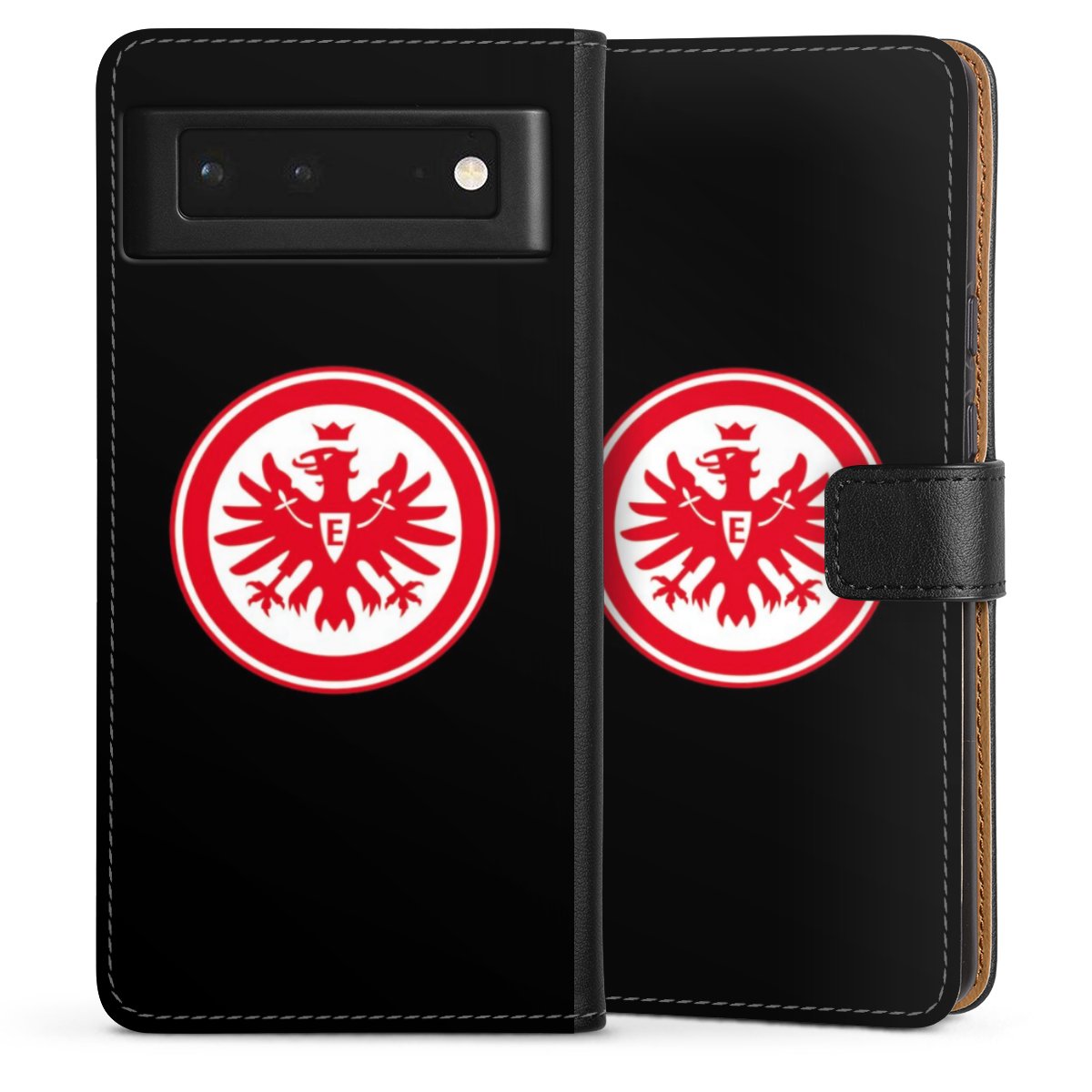 Google Pixel 6 Handy Klapphülle Handyhülle aus Kunst Leder schwarz Flip Case Eintracht Frankfurt Sge Eagle Sideflip mit Lasche