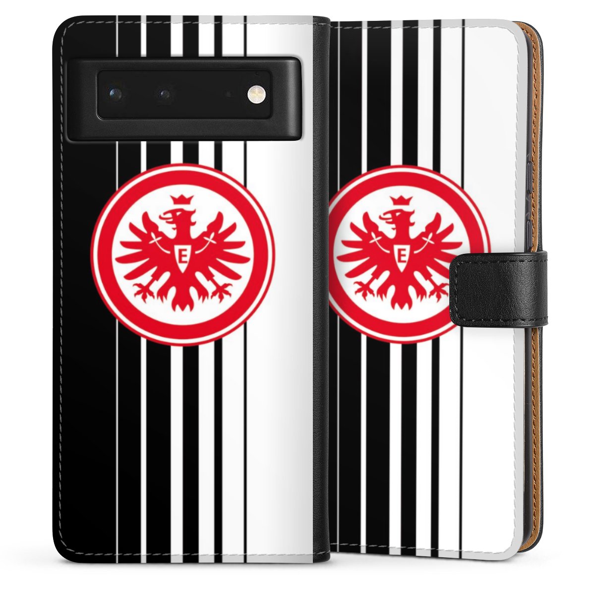 Google Pixel 6 Handy Klapphülle Handyhülle aus Kunst Leder schwarz Flip Case Stripes Eintracht Frankfurt Official Licensed Product Sideflip mit Lasche