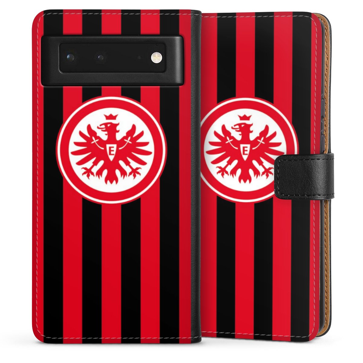 Google Pixel 6 Handy Klapphülle Handyhülle aus Kunst Leder schwarz Flip Case Stripes Sge Eintracht Frankfurt Sideflip mit Lasche