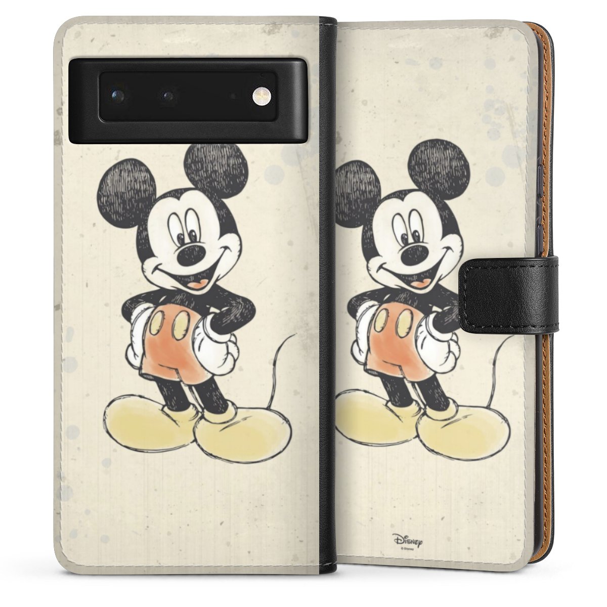 Google Pixel 6 Handy Klapphülle Handyhülle aus Kunst Leder schwarz Flip Case Water Colour Mickey & Minnie Mouse Official Licensed Product Sideflip mit Lasche