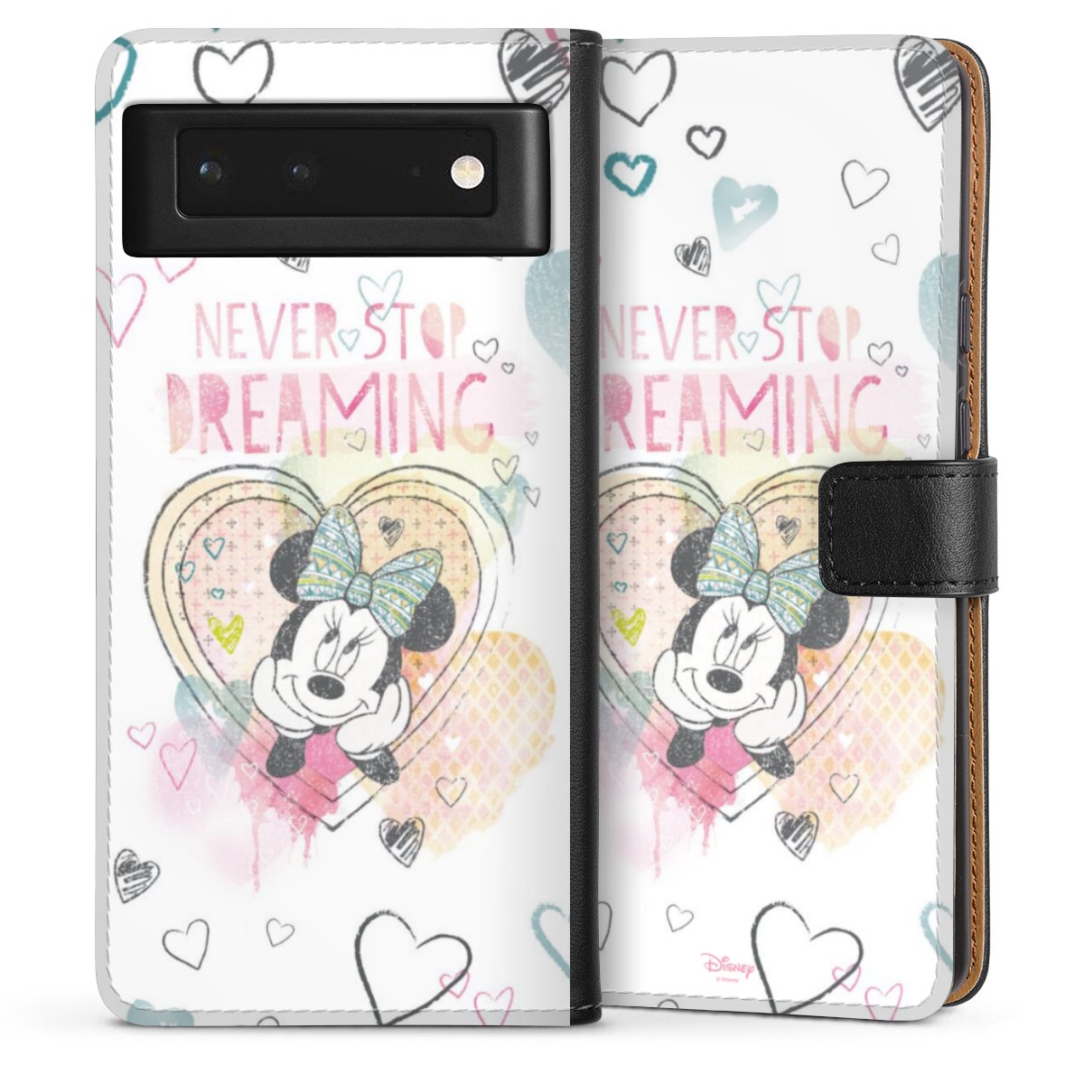 Google Pixel 6 Handy Klapphülle Handyhülle aus Kunst Leder schwarz Flip Case Disney Official Licensed Product Minnie Mouse Sideflip mit Lasche