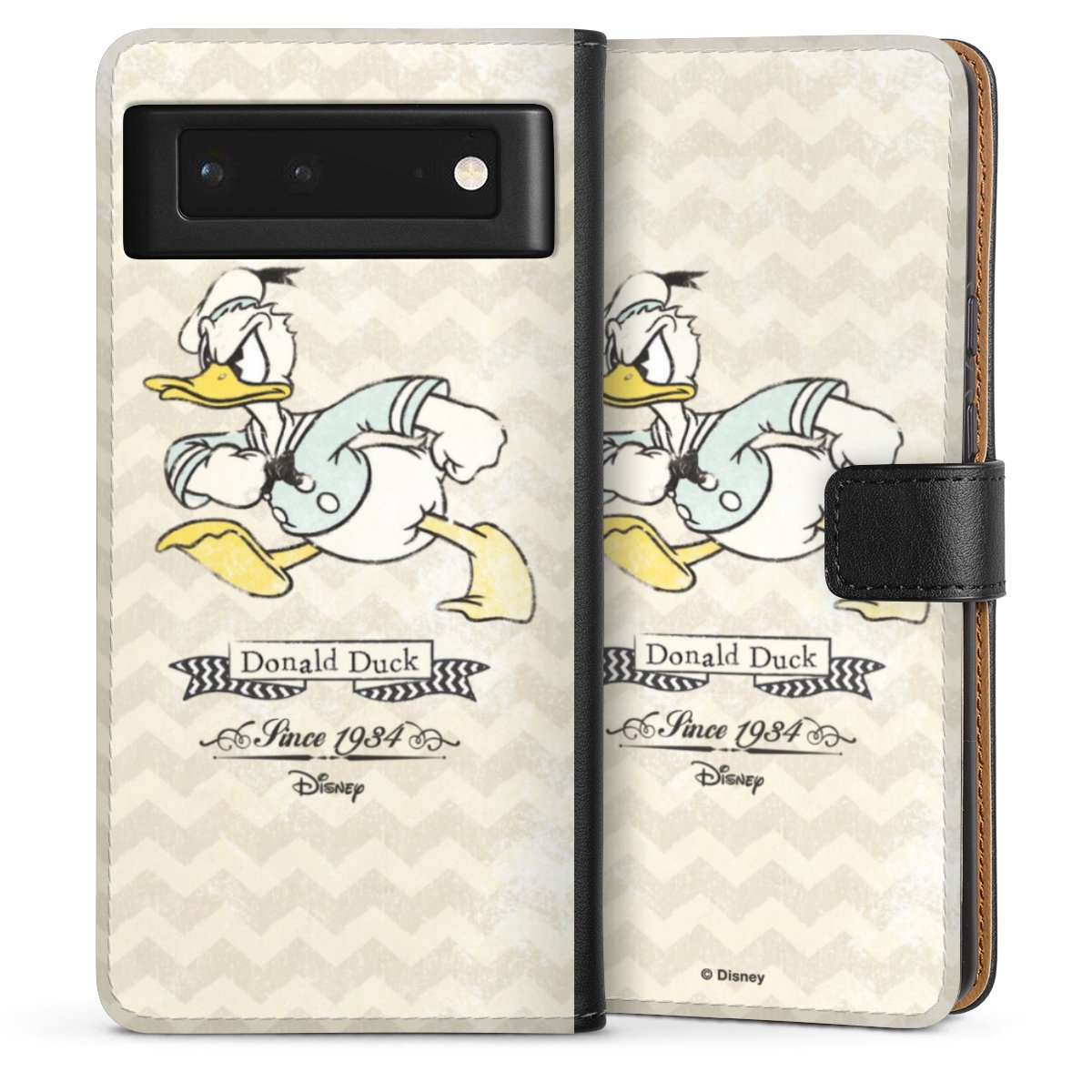 Google Pixel 6 Handy Klapphülle Handyhülle aus Kunst Leder schwarz Flip Case Official Licensed Product Disney Donuld Duck Vintage Sideflip mit Lasche