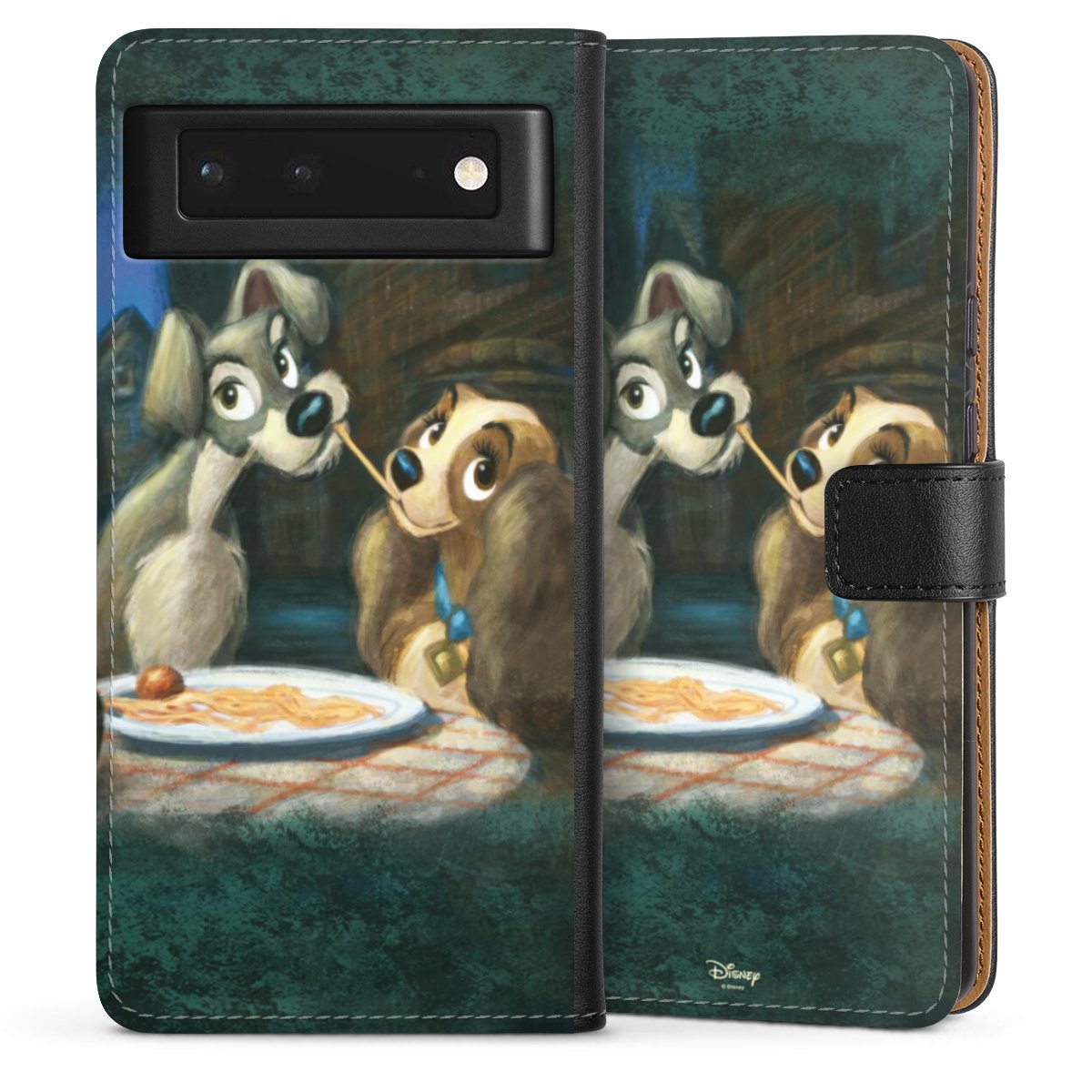 Google Pixel 6 Handy Klapphülle Handyhülle aus Kunst Leder schwarz Flip Case Lady And The Tramp Official Licensed Product Disney Sideflip mit Lasche