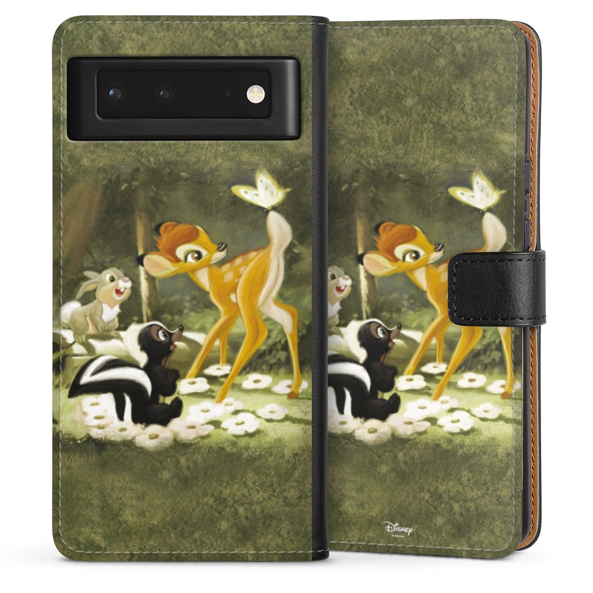 Google Pixel 6 Handy Klapphülle Handyhülle aus Kunst Leder schwarz Flip Case Disney Official Licensed Product Bambi Sideflip mit Lasche