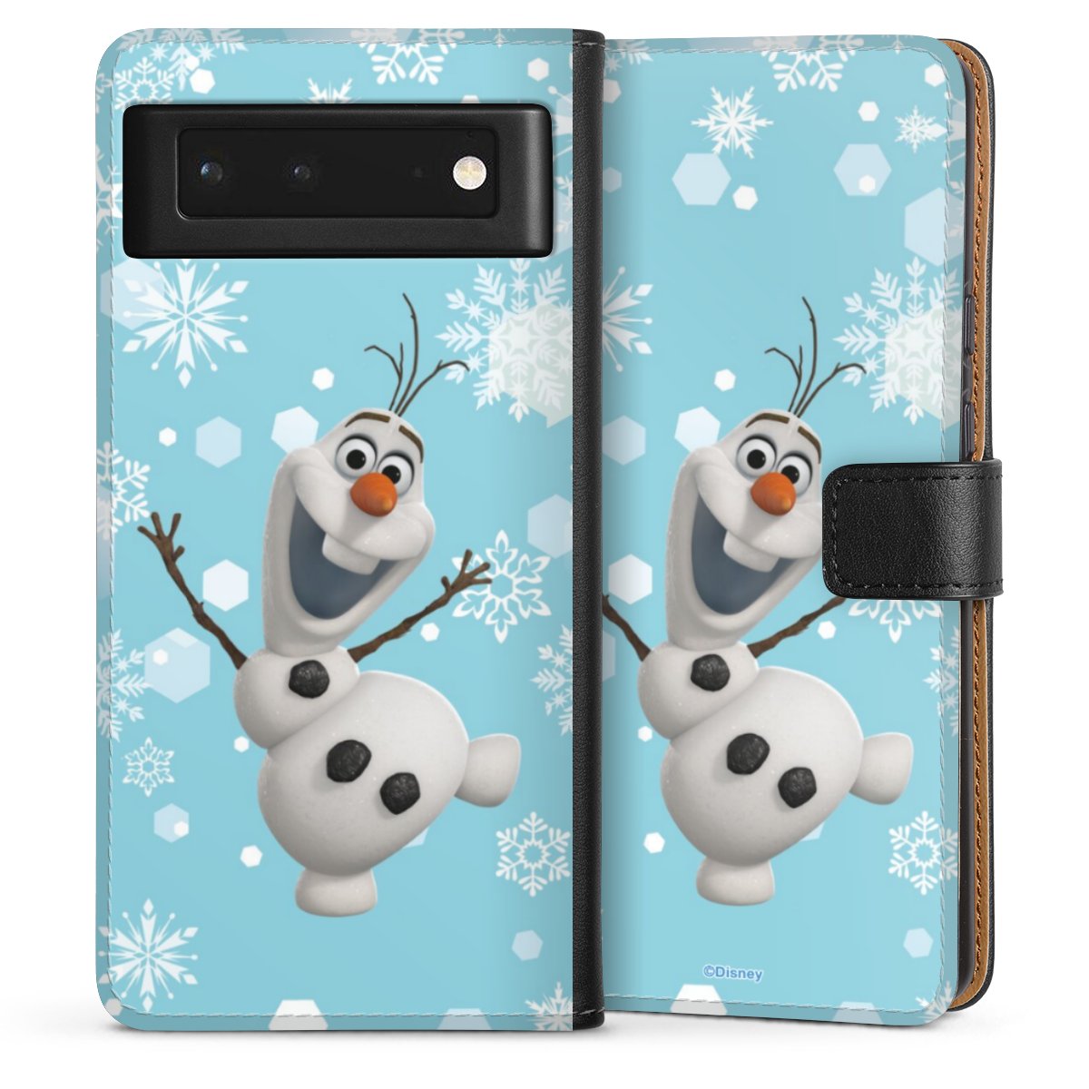 Google Pixel 6 Handy Klapphülle Handyhülle aus Kunst Leder schwarz Flip Case Disney Official Licensed Product Frozen Olaf Sideflip mit Lasche