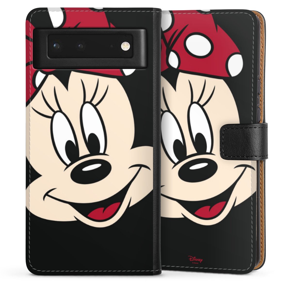 Google Pixel 6 Handy Klapphülle Handyhülle aus Kunst Leder schwarz Flip Case Minnie Mouse Official Licensed Product Disney Sideflip mit Lasche