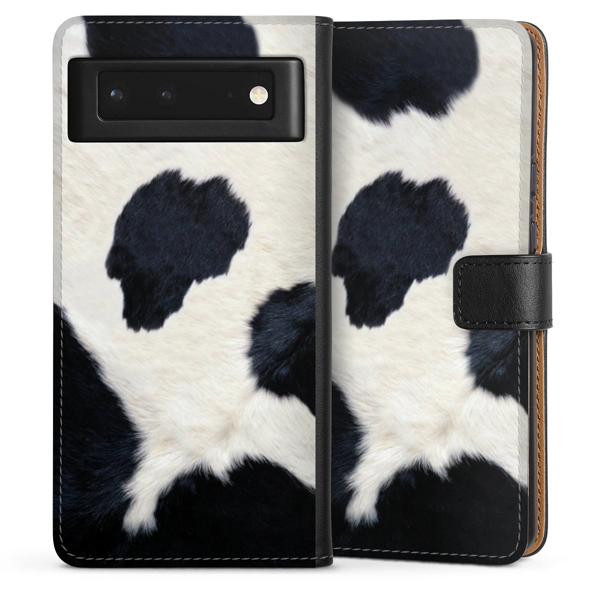 Google Pixel 6 Handy Klapphülle Handyhülle aus Kunst Leder schwarz Flip Case Animal Look Animal Print Cow Skin Sideflip mit Lasche