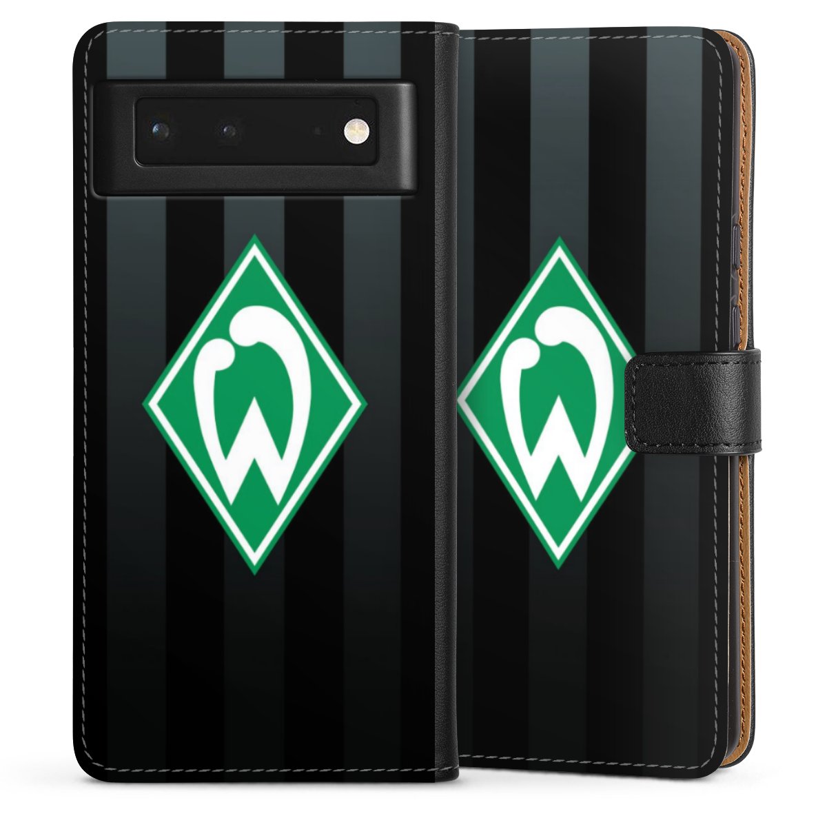 Google Pixel 6 Handy Klapphülle Handyhülle aus Kunst Leder schwarz Flip Case Stripes Sv Werder Bremen Official Licensed Product Sideflip mit Lasche