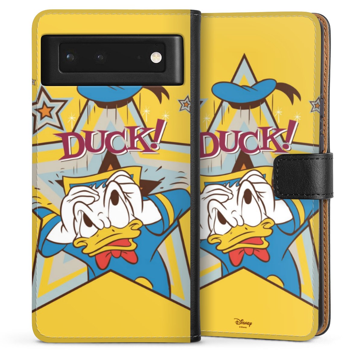 Google Pixel 6 Handy Klapphülle Handyhülle aus Kunst Leder schwarz Flip Case Official Licensed Product Donald Duck Disney Sideflip mit Lasche