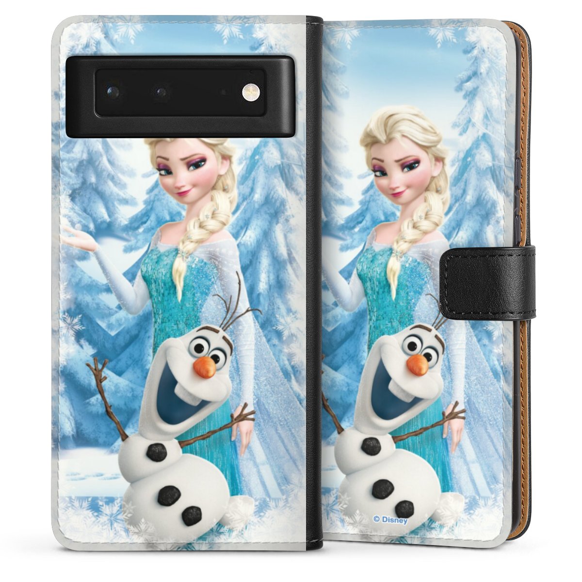 Google Pixel 6 Handy Klapphülle Handyhülle aus Kunst Leder schwarz Flip Case Official Licensed Product Frozen Elsa Disney Sideflip mit Lasche