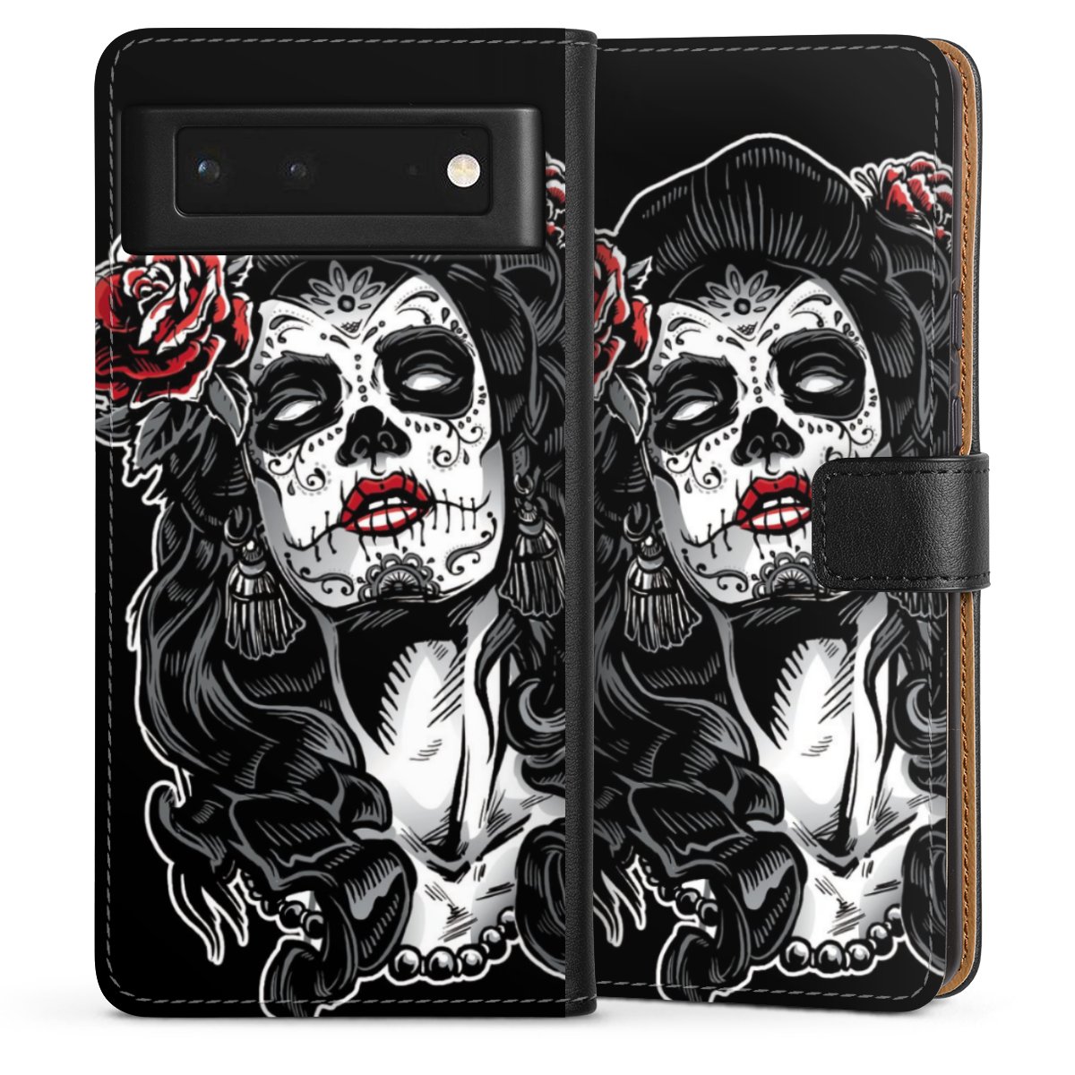 Google Pixel 6 Handy Klapphülle Handyhülle aus Kunst Leder schwarz Flip Case Totenkopf Día De Los Muertos Rock 'N' Roll Sideflip mit Lasche