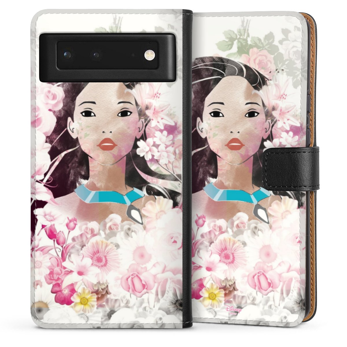 Google Pixel 6 Handy Klapphülle Handyhülle aus Kunst Leder schwarz Flip Case Pocahontas Official Licensed Product Disney Sideflip mit Lasche