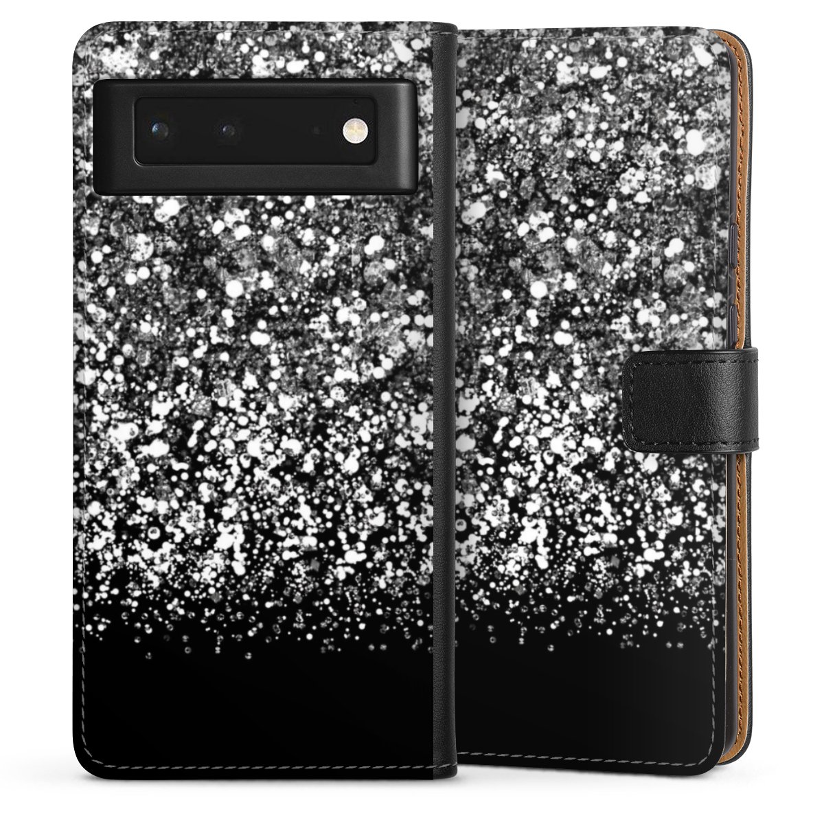 Google Pixel 6 Handy Klapphülle Handyhülle aus Kunst Leder schwarz Flip Case Glitzer Snowflake Muster Sideflip mit Lasche