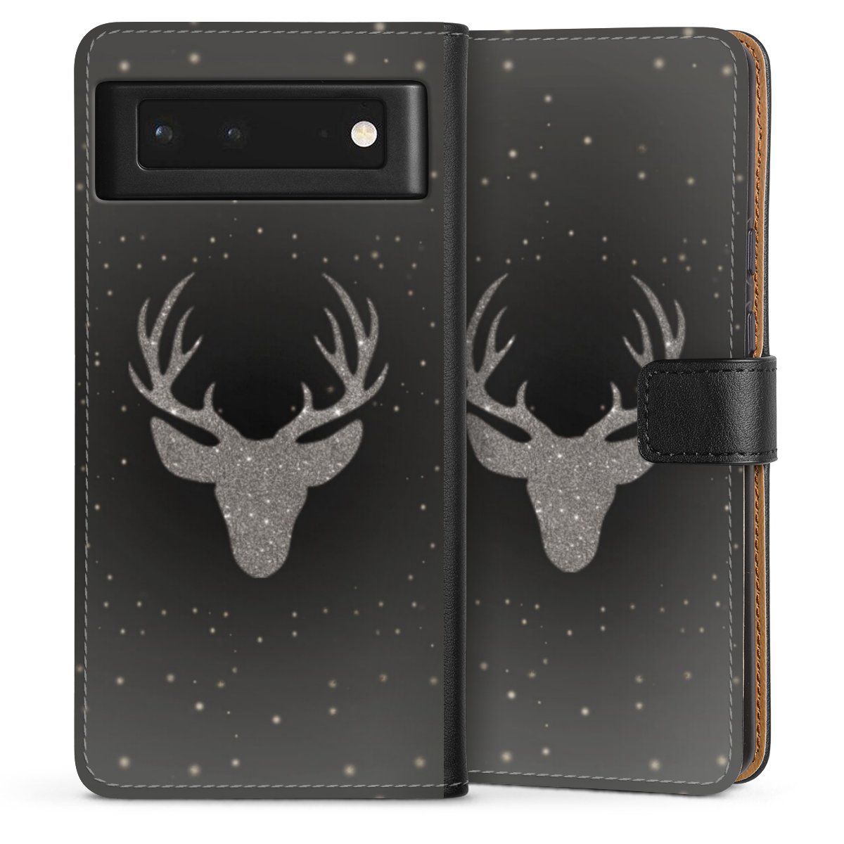 Google Pixel 6 Handy Klapphülle Handyhülle aus Kunst Leder schwarz Flip Case Winter Deer Glitzer Sideflip mit Lasche