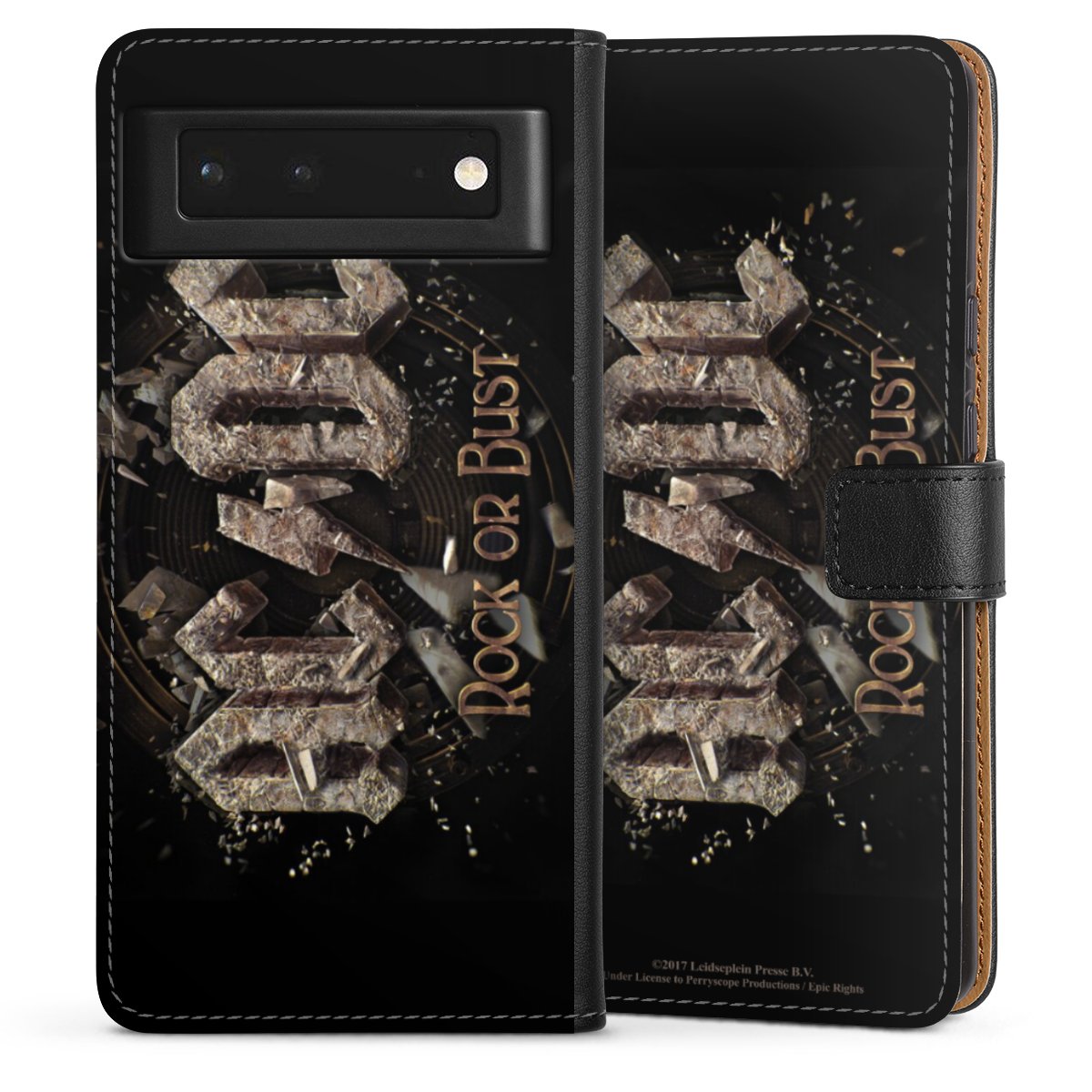 Google Pixel 6 Handy Klapphülle Handyhülle aus Kunst Leder schwarz Flip Case Acdc Official Licensed Product Rock Or Bust Sideflip mit Lasche