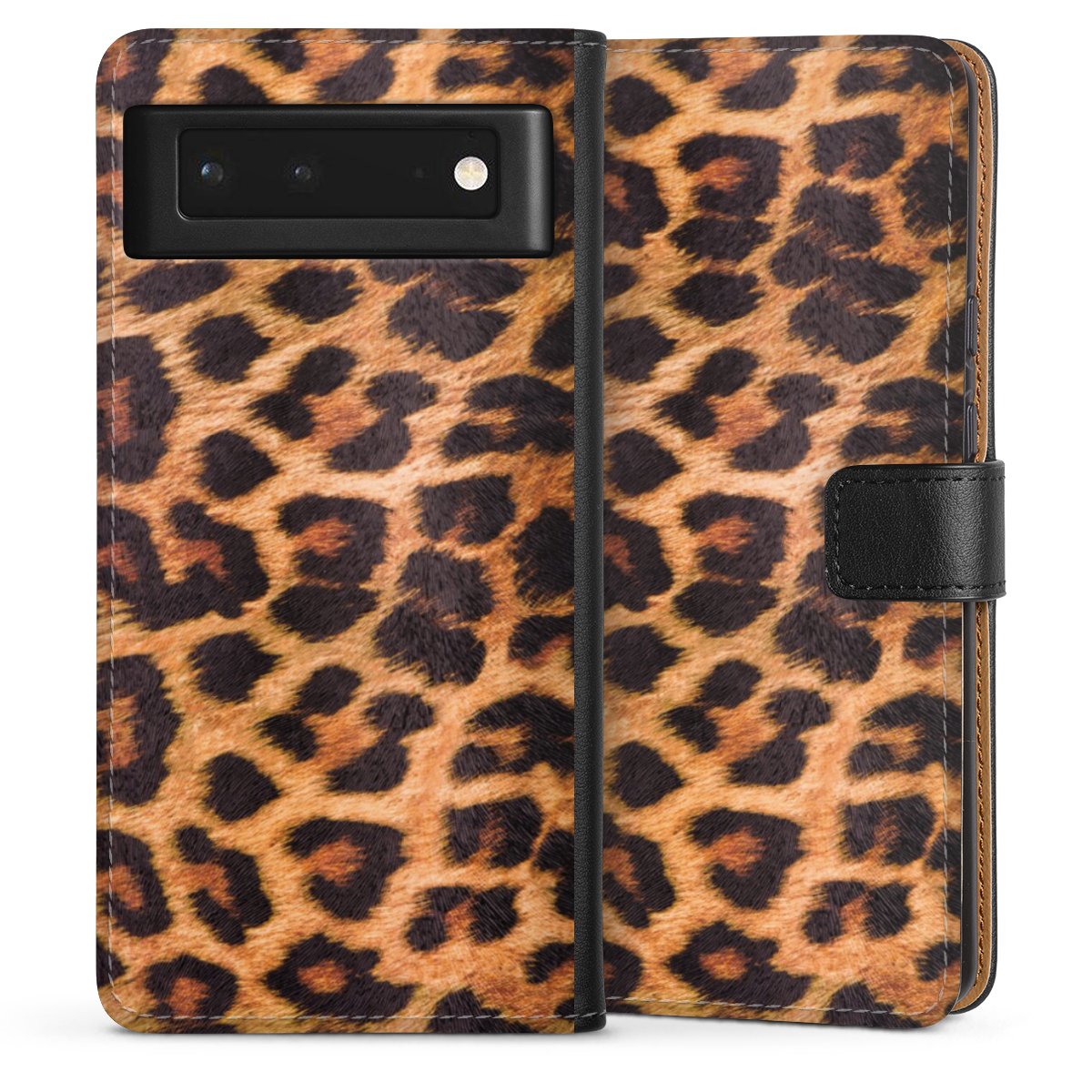 Google Pixel 6 Handy Klapphülle Handyhülle aus Kunst Leder schwarz Flip Case Animal Print Leopard Fur Sideflip mit Lasche