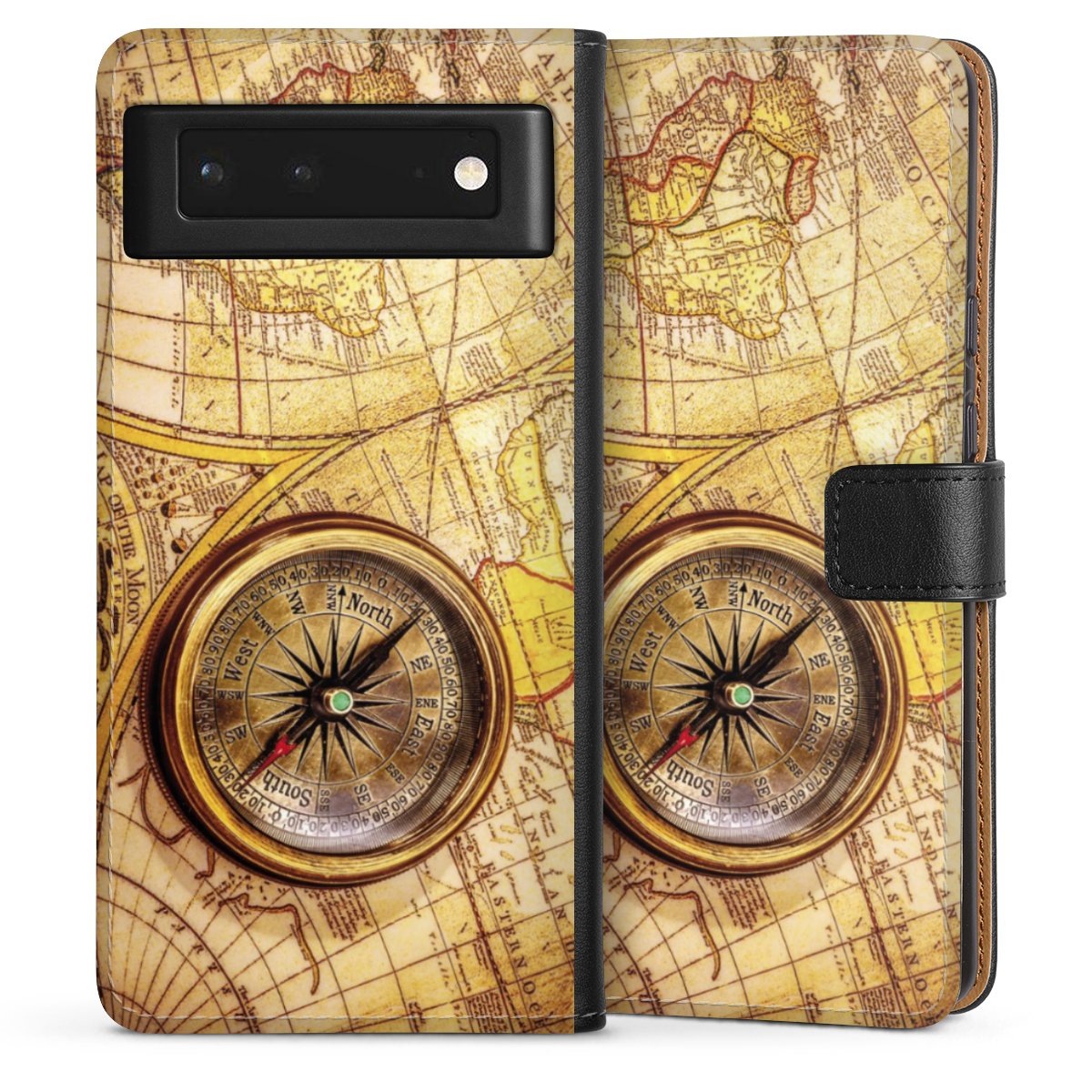 Google Pixel 6 Handy Klapphülle Handyhülle aus Kunst Leder schwarz Flip Case World Map Map Compass Sideflip mit Lasche