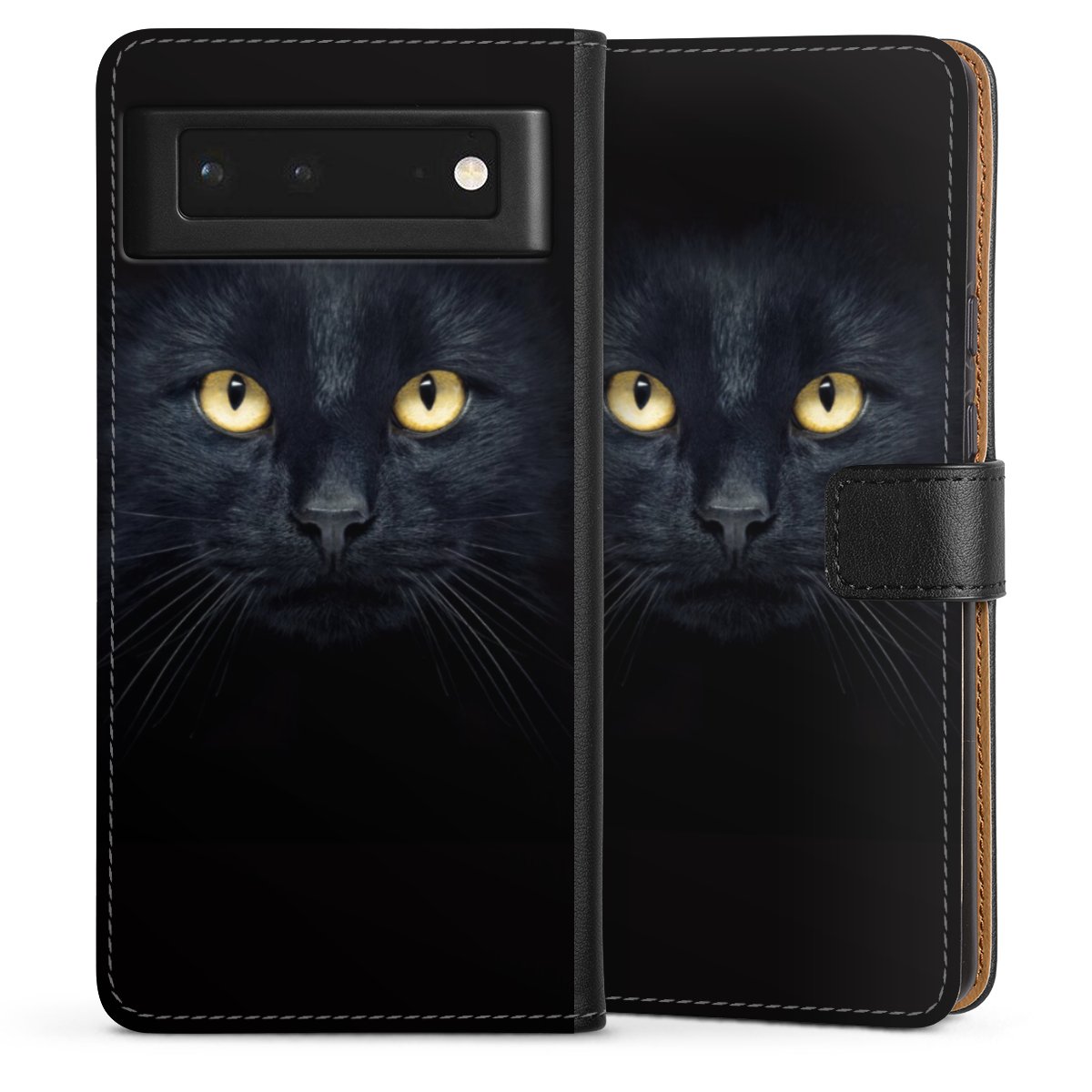 Google Pixel 6 Handy Klapphülle Handyhülle aus Kunst Leder schwarz Flip Case Eye Cat Black Sideflip mit Lasche