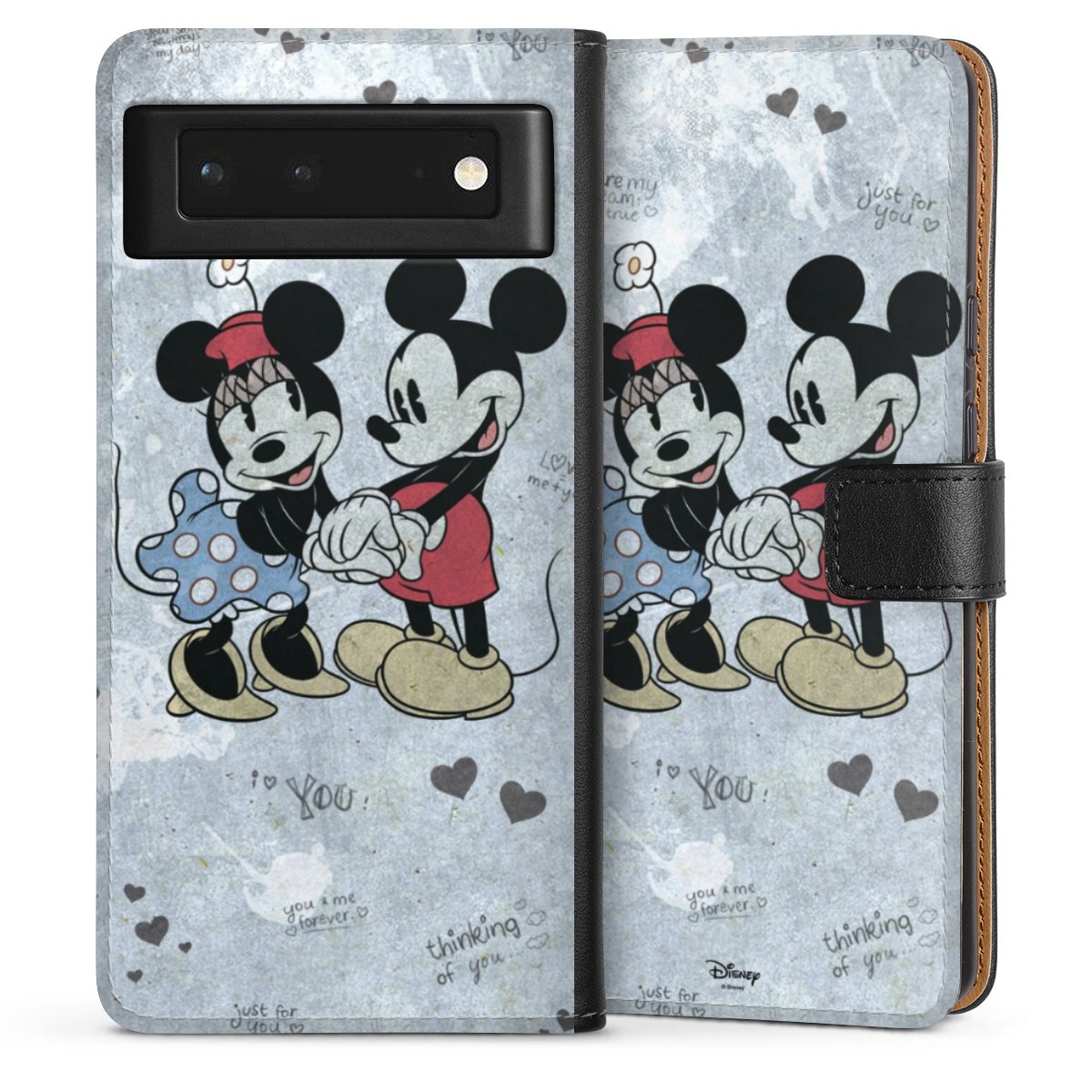 Google Pixel 6 Handy Klapphülle Handyhülle aus Kunst Leder schwarz Flip Case Mickey & Minnie Mouse Vintage Disney Sideflip mit Lasche