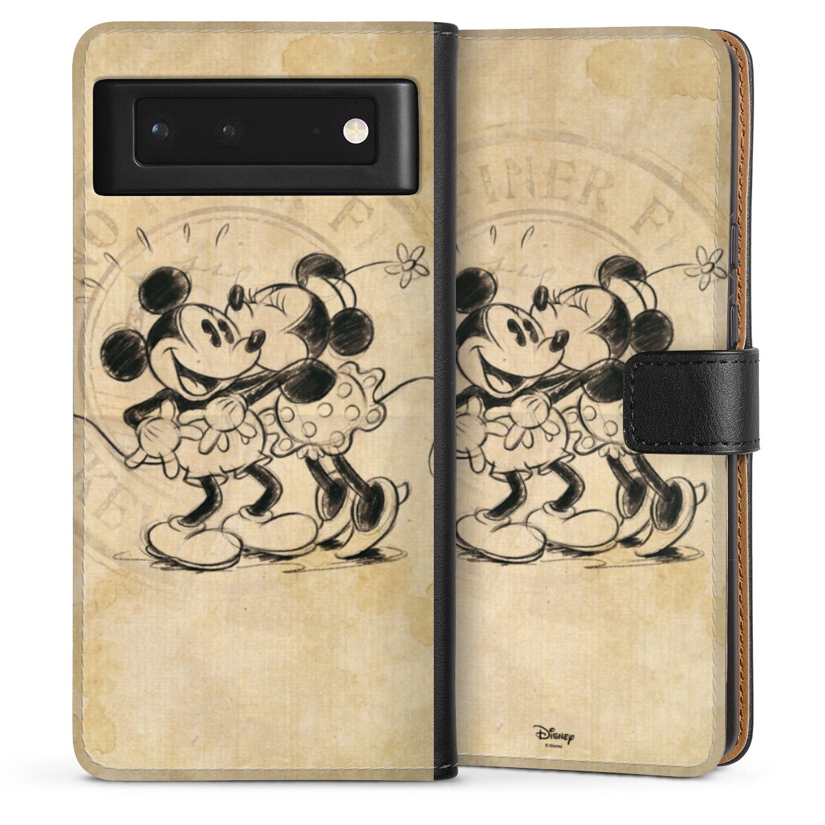 Google Pixel 6 Handy Klapphülle Handyhülle aus Kunst Leder schwarz Flip Case Mickey Mouse Vintage Minnie Mouse Sideflip mit Lasche