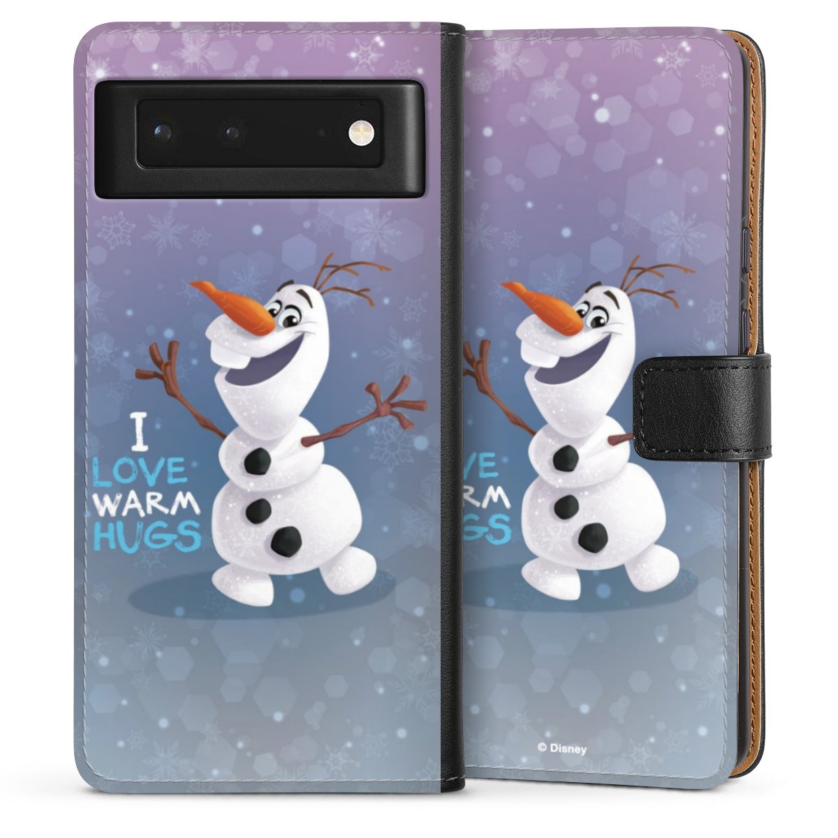 Google Pixel 6 Handy Klapphülle Handyhülle aus Kunst Leder schwarz Flip Case Frozen Frozen Olaf Official Licensed Product Sideflip mit Lasche